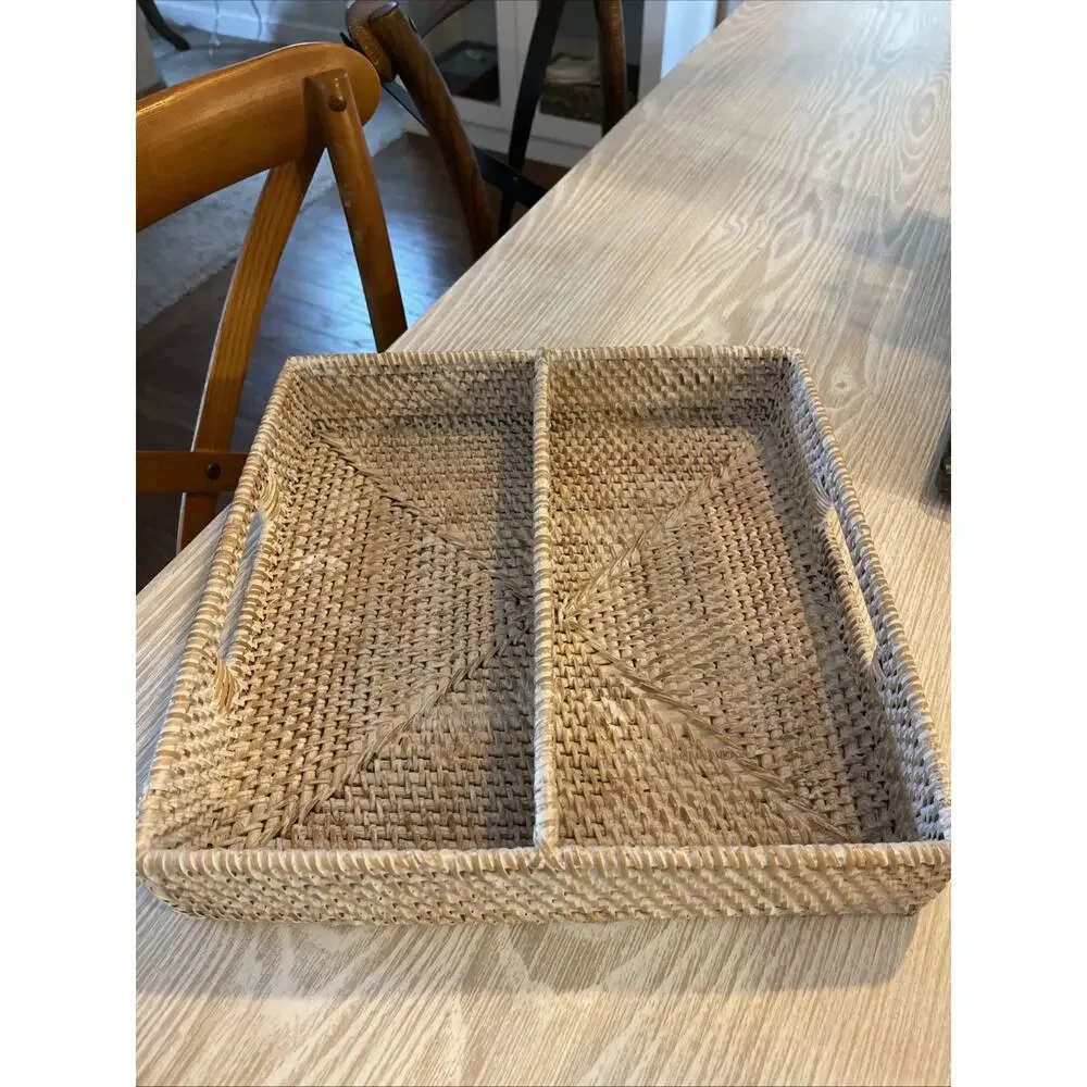 New Pottery Barn Tava Handwoven Rattan Sorting Tray Basket With Handle Whitewash